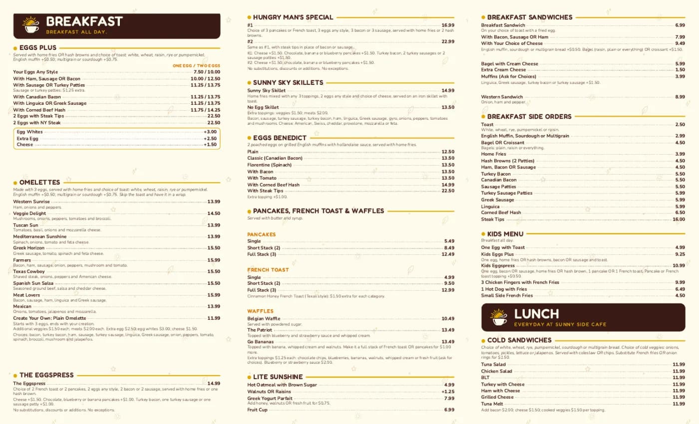 Tri-fold menu, inside panels (example proof), made in Servestack Studio for Sunnyside Cafe