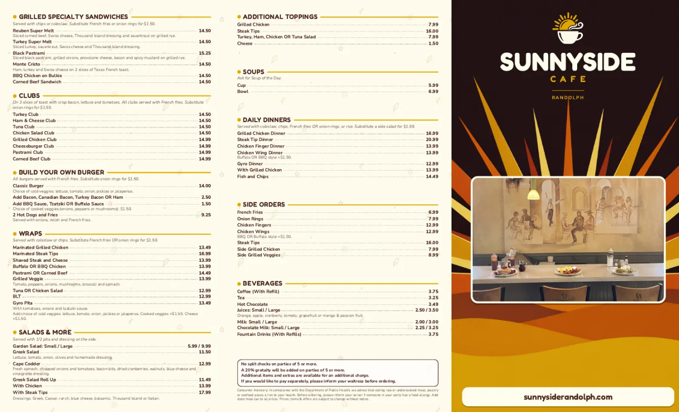 Tri-fold menu, outside panels (example proof), made in Servestack Studio for Sunnyside Cafe