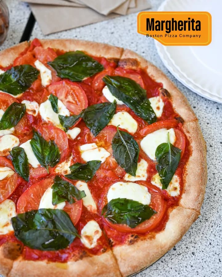 Margherita, with the dish name designed on (Boston Pizza)
